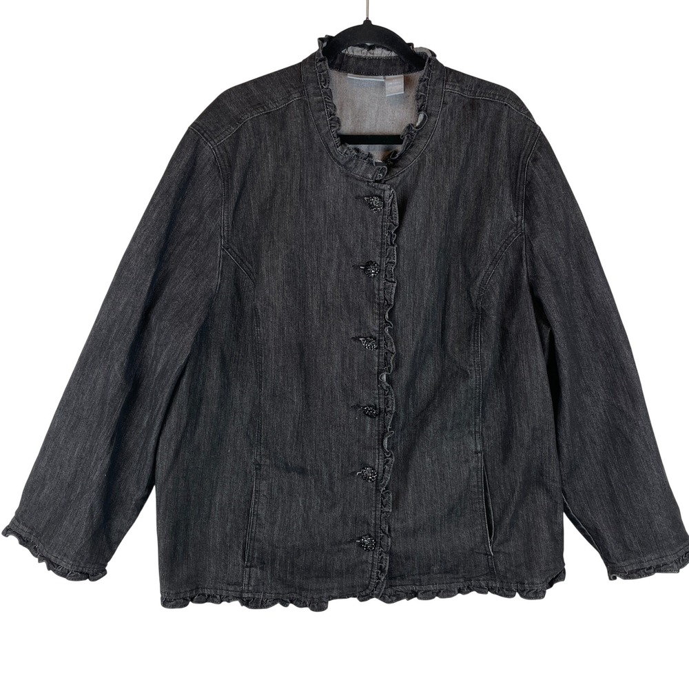 Liz & Me Black Ruffle Trim Denim Jacket Plus Size 3X 26/28W‎ Stretch Button